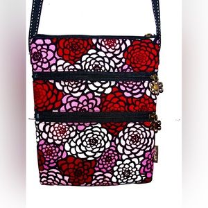 Women’s small floral purse, triple zipper, messenger style
